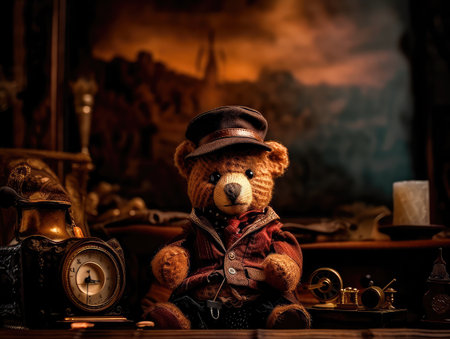 Concept illustration of a teddy bear dressed in a steampunk outfit, steampunk, close-up shot, inside a cozy study, warm atmosphere.の素材