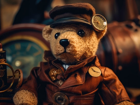 Concept illustration of a teddy bear dressed in a steampunk outfit, steampunk, close-up shot, inside a cozy study, warm atmosphere.の素材