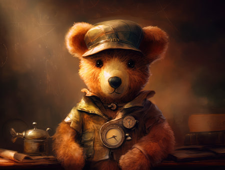 Concept illustration of a teddy bear dressed in a steampunk outfit, steampunk, close-up shot, inside a cozy study, warm atmosphere.の素材