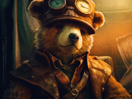 Concept illustration of a teddy bear dressed in a steampunk outfit, steampunk, close-up shot, inside a cozy study, warm atmosphere.の素材