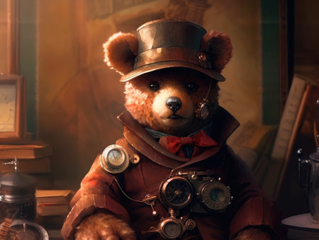 Concept illustration of a teddy bear dressed in a steampunk outfit, steampunk, close-up shot, inside a cozy study, warm atmosphere.の素材