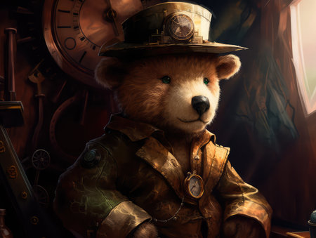 Concept illustration of a teddy bear dressed in a steampunk outfit, steampunk, close-up shot, inside a cozy study, warm atmosphere.の素材
