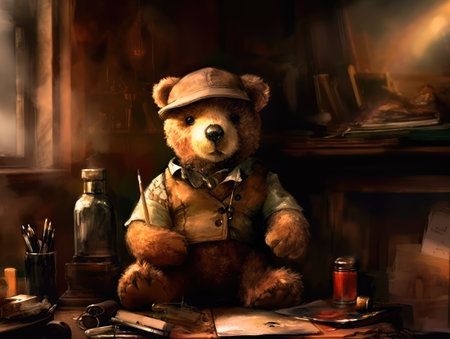 Concept illustration of a teddy bear dressed in a steampunk outfit, steampunk, close-up shot, inside a cozy study, warm atmosphere.の素材