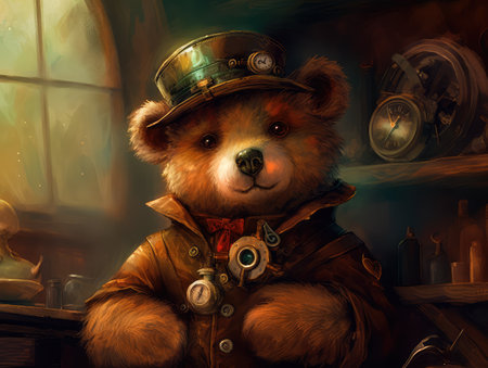 Concept illustration of a teddy bear dressed in a steampunk outfit, steampunk, close-up shot, inside a cozy study, warm atmosphere.の素材