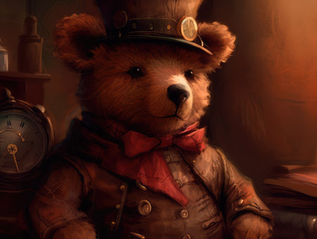 Concept illustration of a teddy bear dressed in a steampunk outfit, steampunk, close-up shot, inside a cozy study, warm atmosphere.の素材