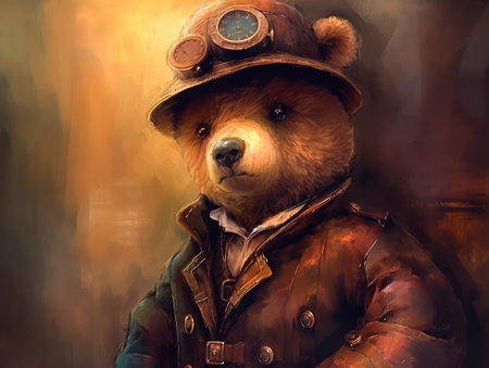 Concept illustration of a teddy bear dressed in a steampunk outfit, steampunk, close-up shot, inside a cozy study, warm atmosphere.の素材