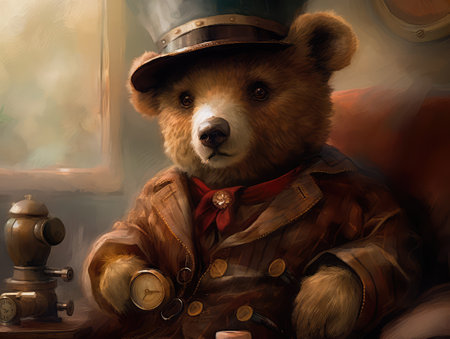 Concept illustration of a teddy bear dressed in a steampunk outfit, steampunk, close-up shot, inside a cozy study, warm atmosphere.の素材