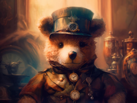 Concept illustration of a teddy bear dressed in a steampunk outfit, steampunk, close-up shot, inside a cozy study, warm atmosphere.の素材