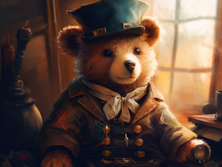 Concept illustration of a teddy bear dressed in a steampunk outfit, steampunk, close-up shot, inside a cozy study, warm atmosphere.の素材