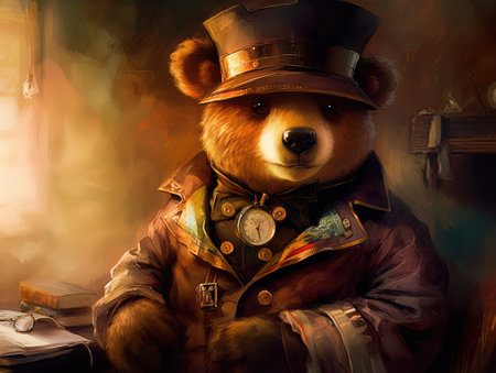 Concept illustration of a teddy bear dressed in a steampunk outfit, steampunk, close-up shot, inside a cozy study, warm atmosphere.の素材