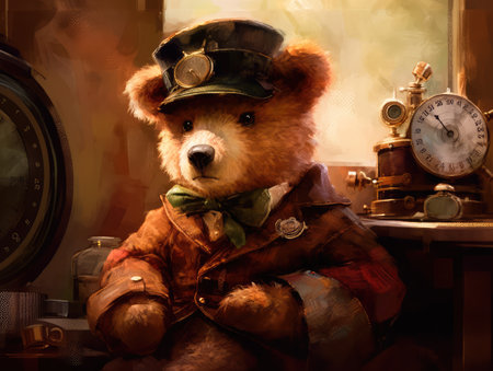 Concept illustration of a teddy bear dressed in a steampunk outfit, steampunk, close-up shot, inside a cozy study, warm atmosphere.の素材