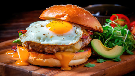 Concept illustration of a delicious burger that just bursts with taste. The burger consists of a juicy cutlet made from a spicy mixture of beef and pork, with melted cheese, crispy lettuce leaves, fresh tomatoes and spicy onions. Generative AIの素材