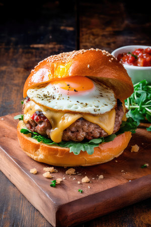 Concept illustration of a delicious burger that just bursts with taste. The burger consists of a juicy cutlet made from a spicy mixture of beef and pork, with melted cheese, crispy lettuce leaves, fresh tomatoes and spicy onions. Generative AIの素材