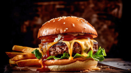 Concept illustration of a delicious burger that just bursts with taste. The burger consists of a juicy cutlet made from a spicy mixture of beef and pork, with melted cheese, crispy lettuce leaves, fresh tomatoes and spicy onions. Generative AIの素材