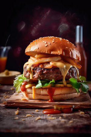 Concept illustration of a delicious burger that just bursts with taste. The burger consists of a juicy cutlet made from a spicy mixture of beef and pork, with melted cheese, crispy lettuce leaves, fresh tomatoes and spicy onions. Generative AIの素材