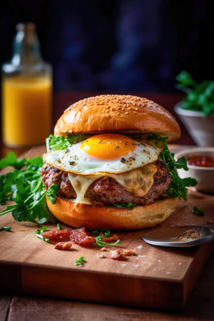 Concept illustration of a delicious burger that just bursts with taste. The burger consists of a juicy cutlet made from a spicy mixture of beef and pork, with melted cheese, crispy lettuce leaves, fresh tomatoes and spicy onions. Generative AIの素材