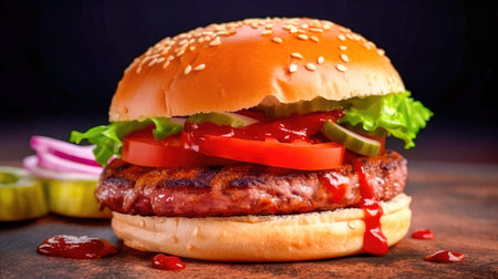 Concept illustration of a delicious burger that just bursts with taste. The burger consists of a juicy cutlet made from a spicy mixture of beef and pork, with melted cheese, crispy lettuce leaves, fresh tomatoes and spicy onions. Generative AIの素材