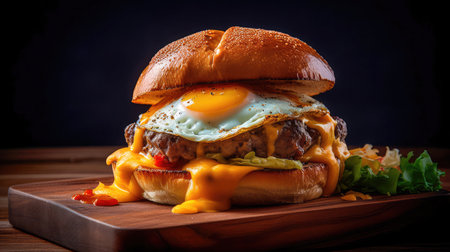 Concept illustration of a delicious burger that just bursts with taste. The burger consists of a juicy cutlet made from a spicy mixture of beef and pork, with melted cheese, crispy lettuce leaves, fresh tomatoes and spicy onions. Generative AIの素材