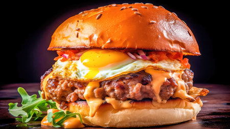 Concept illustration of a delicious burger that just bursts with taste. The burger consists of a juicy cutlet made from a spicy mixture of beef and pork, with melted cheese, crispy lettuce leaves, fresh tomatoes and spicy onions. Generative AIの素材