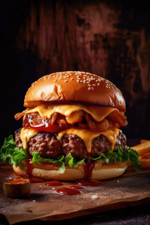 Concept illustration of a delicious burger that just bursts with taste. The burger consists of a juicy cutlet made from a spicy mixture of beef and pork, with melted cheese, crispy lettuce leaves, fresh tomatoes and spicy onions. Generative AIの素材