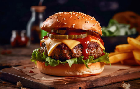Concept illustration of a delicious burger that just bursts with taste. The burger consists of a juicy cutlet made from a spicy mixture of beef and pork, with melted cheese, crispy lettuce leaves, fresh tomatoes and spicy onions. Generative AIの素材