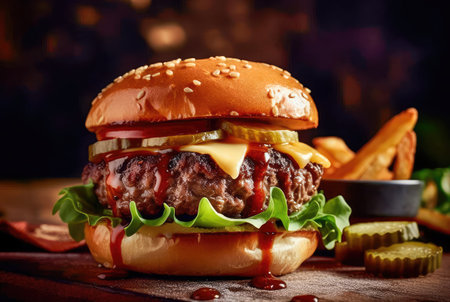 Concept illustration of a delicious burger that just bursts with taste. The burger consists of a juicy cutlet made from a spicy mixture of beef and pork, with melted cheese, crispy lettuce leaves, fresh tomatoes and spicy onions. Generative AIの素材