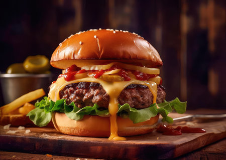 Concept illustration of a delicious burger that just bursts with taste. The burger consists of a juicy cutlet made from a spicy mixture of beef and pork, with melted cheese, crispy lettuce leaves, fresh tomatoes and spicy onions. Generative AIの素材