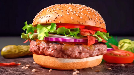Concept illustration of a delicious burger that just bursts with taste. The burger consists of a juicy cutlet made from a spicy mixture of beef and pork, with melted cheese, crispy lettuce leaves, fresh tomatoes and spicy onions. Generative AIの素材