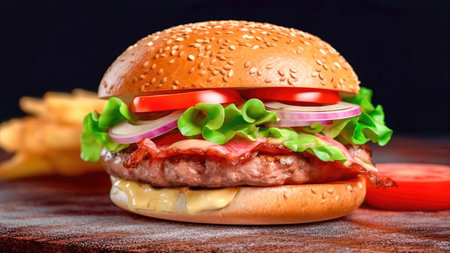 Concept illustration of a delicious burger that just bursts with taste. The burger consists of a juicy cutlet made from a spicy mixture of beef and pork, with melted cheese, crispy lettuce leaves, fresh tomatoes and spicy onions. Generative AIの素材