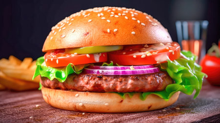 Concept illustration of a delicious burger that just bursts with taste. The burger consists of a juicy cutlet made from a spicy mixture of beef and pork, with melted cheese, crispy lettuce leaves, fresh tomatoes and spicy onions. Generative AIの素材