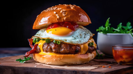 Concept illustration of a delicious burger that just bursts with taste. The burger consists of a juicy cutlet made from a spicy mixture of beef and pork, with melted cheese, crispy lettuce leaves, fresh tomatoes and spicy onions. Generative AIの素材