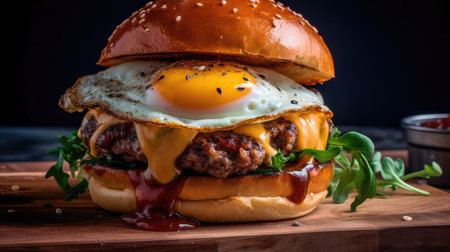 Concept illustration of a delicious burger that just bursts with taste. The burger consists of a juicy cutlet made from a spicy mixture of beef and pork, with melted cheese, crispy lettuce leaves, fresh tomatoes and spicy onions. Generative AIの素材