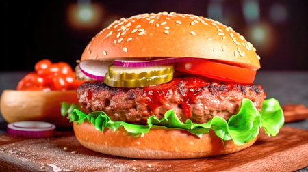 Concept illustration of a delicious burger that just bursts with taste. The burger consists of a juicy cutlet made from a spicy mixture of beef and pork, with melted cheese, crispy lettuce leaves, fresh tomatoes and spicy onions. Generative AIの素材