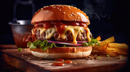 Concept illustration of a delicious burger that just bursts with taste. The burger consists of a juicy cutlet made from a spicy mixture of beef and pork, with melted cheese, crispy lettuce leaves, fresh tomatoes and spicy onions. Generative AIの素材