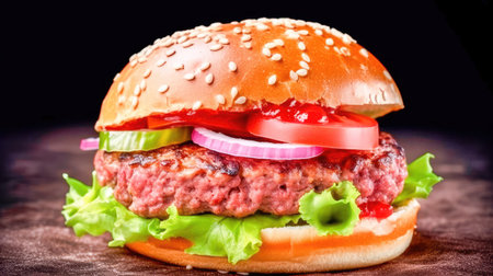 Concept illustration of a delicious burger that just bursts with taste. The burger consists of a juicy cutlet made from a spicy mixture of beef and pork, with melted cheese, crispy lettuce leaves, fresh tomatoes and spicy onions. Generative AIの素材
