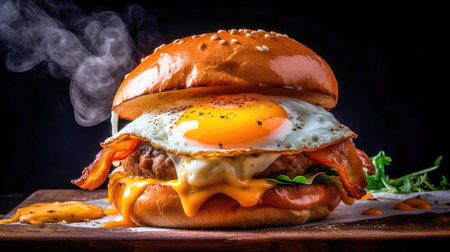Concept illustration of a delicious burger that just bursts with taste. The burger consists of a juicy cutlet made from a spicy mixture of beef and pork, with melted cheese, crispy lettuce leaves, fresh tomatoes and spicy onions. Generative AIの素材