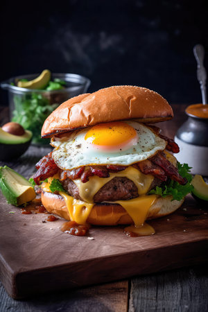 Concept illustration of a delicious burger that just bursts with taste. The burger consists of a juicy cutlet made from a spicy mixture of beef and pork, with melted cheese, crispy lettuce leaves, fresh tomatoes and spicy onions. Generative AIの素材