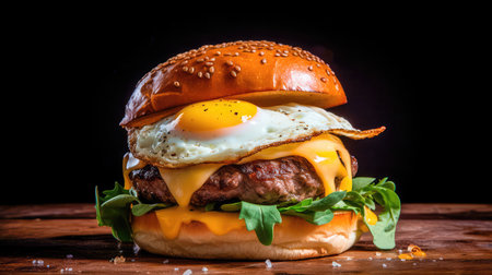 Concept illustration of a delicious burger that just bursts with taste. The burger consists of a juicy cutlet made from a spicy mixture of beef and pork, with melted cheese, crispy lettuce leaves, fresh tomatoes and spicy onions. Generative AIの素材