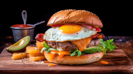 Concept illustration of a delicious burger that just bursts with taste. The burger consists of a juicy cutlet made from a spicy mixture of beef and pork, with melted cheese, crispy lettuce leaves, fresh tomatoes and spicy onions. Generative AIの素材