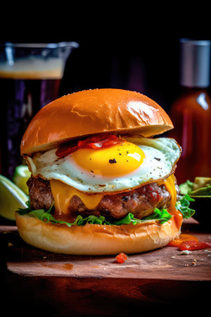 Concept illustration of a delicious burger that just bursts with taste. The burger consists of a juicy cutlet made from a spicy mixture of beef and pork, with melted cheese, crispy lettuce leaves, fresh tomatoes and spicy onions. Generative AIの素材