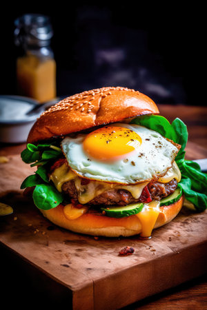 Concept illustration of a delicious burger that just bursts with taste. The burger consists of a juicy cutlet made from a spicy mixture of beef and pork, with melted cheese, crispy lettuce leaves, fresh tomatoes and spicy onions. Generative AIの素材