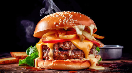 Concept illustration of a delicious burger that just bursts with taste. The burger consists of a juicy cutlet made from a spicy mixture of beef and pork, with melted cheese, crispy lettuce leaves, fresh tomatoes and spicy onions. Generative AIの素材