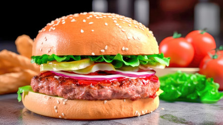 Concept illustration of a delicious burger that just bursts with taste. The burger consists of a juicy cutlet made from a spicy mixture of beef and pork, with melted cheese, crispy lettuce leaves, fresh tomatoes and spicy onions. Generative AIの素材