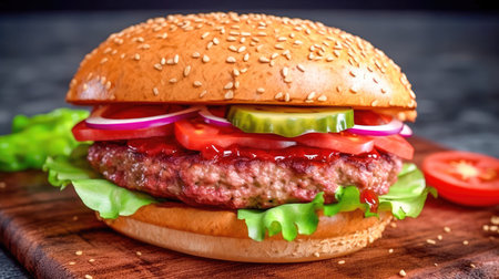 Concept illustration of a delicious burger that just bursts with taste. The burger consists of a juicy cutlet made from a spicy mixture of beef and pork, with melted cheese, crispy lettuce leaves, fresh tomatoes and spicy onions. Generative AIの素材