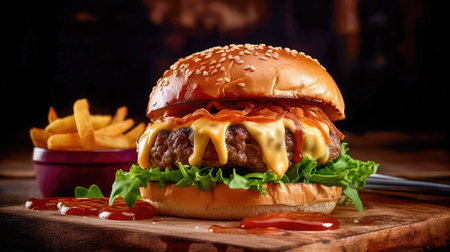 Concept illustration of a delicious burger that just bursts with taste. The burger consists of a juicy cutlet made from a spicy mixture of beef and pork, with melted cheese, crispy lettuce leaves, fresh tomatoes and spicy onions. Generative AIの素材
