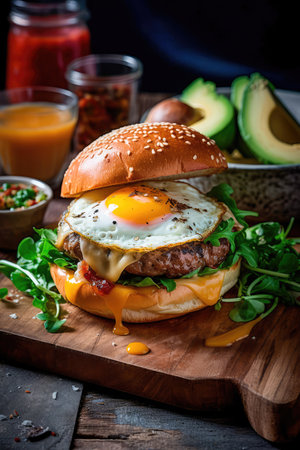Concept illustration of a delicious burger that just bursts with taste. The burger consists of a juicy cutlet made from a spicy mixture of beef and pork, with melted cheese, crispy lettuce leaves, fresh tomatoes and spicy onions. Generative AIの素材