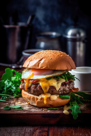 Concept illustration of a delicious burger that just bursts with taste. The burger consists of a juicy cutlet made from a spicy mixture of beef and pork, with melted cheese, crispy lettuce leaves, fresh tomatoes and spicy onions. Generative AIの素材
