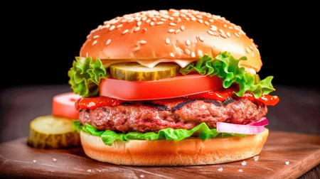 Concept illustration of a delicious burger that just bursts with taste. The burger consists of a juicy cutlet made from a spicy mixture of beef and pork, with melted cheese, crispy lettuce leaves, fresh tomatoes and spicy onions. Generative AIの素材