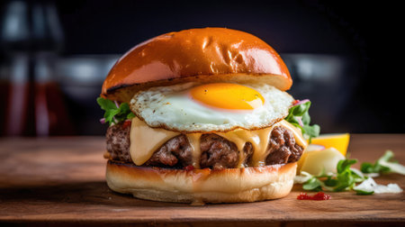 Concept illustration of a delicious burger that just bursts with taste. The burger consists of a juicy cutlet made from a spicy mixture of beef and pork, with melted cheese, crispy lettuce leaves, fresh tomatoes and spicy onions. Generative AIの素材