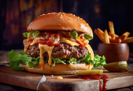 Concept illustration of a delicious burger that just bursts with taste. The burger consists of a juicy cutlet made from a spicy mixture of beef and pork, with melted cheese, crispy lettuce leaves, fresh tomatoes and spicy onions. Generative AIの素材